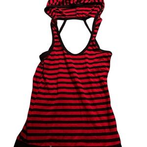 Y2K red and black striped hooded tank top